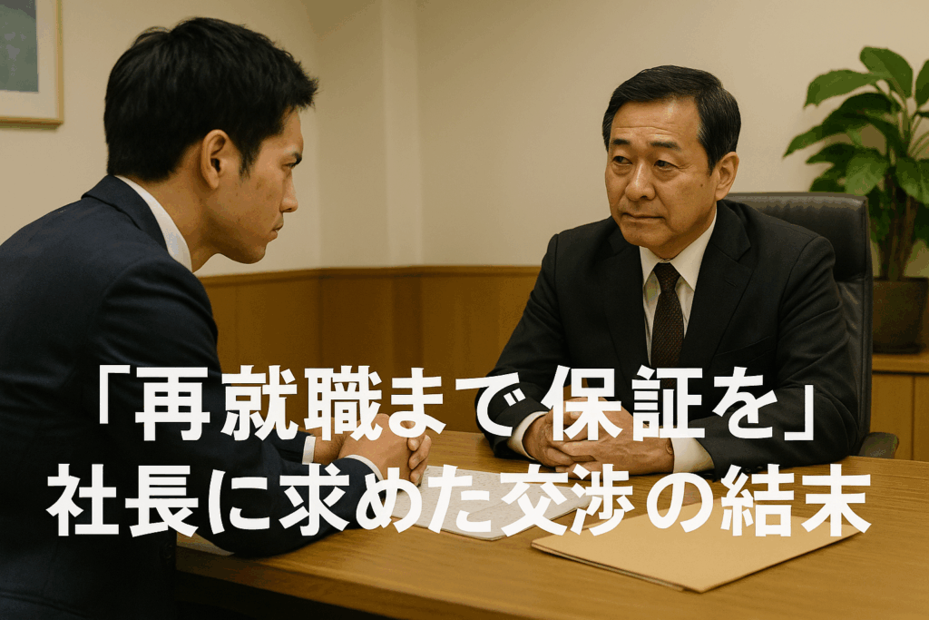 再就職までの保証を社長に求めて真剣に交渉する若い男性社員の写真