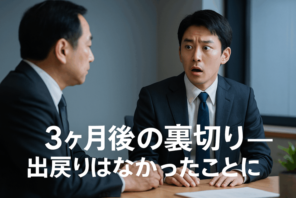 社長との面談で出戻り話がなかったことになり驚きを隠せない日本人男性の写真