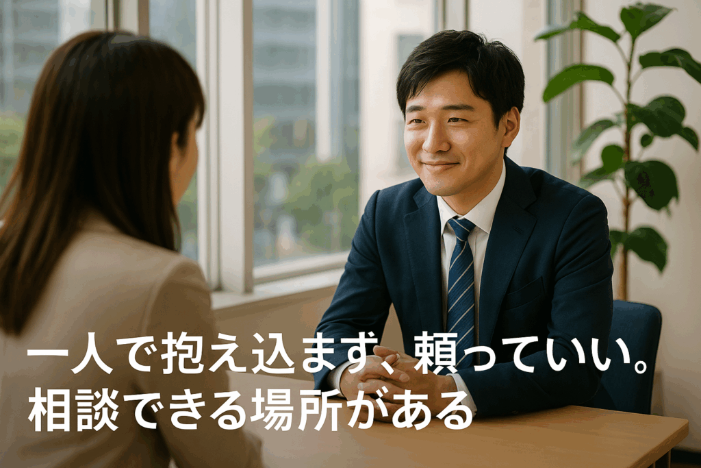 安心した表情でカウンセラーに相談する日本人の若い男性の写真