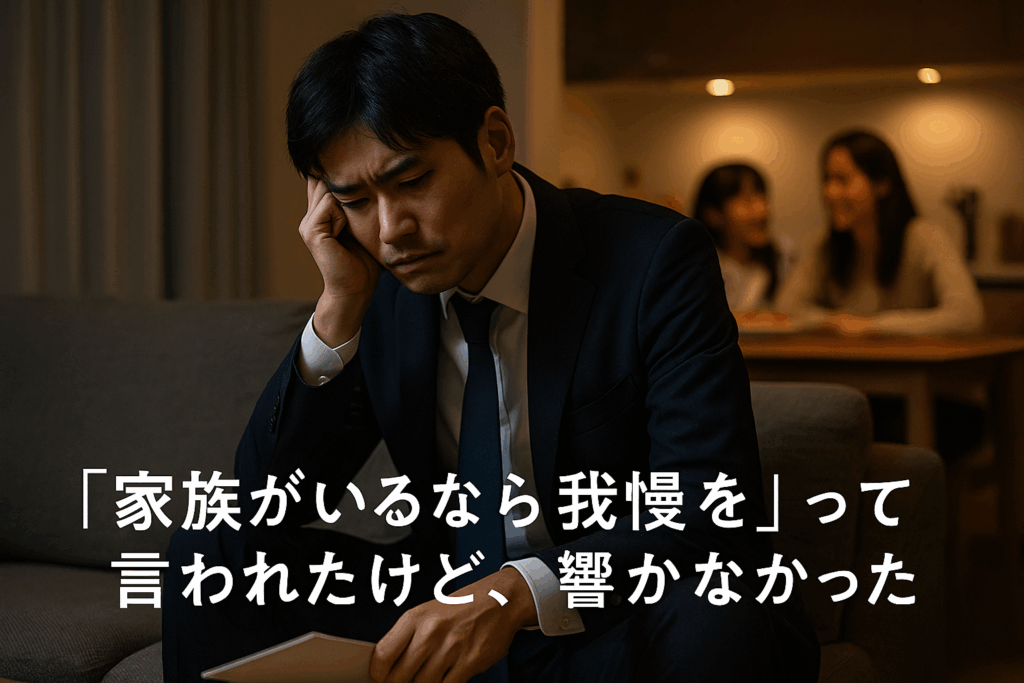 家族のために我慢しろと言われて悩む男性会社員の姿 
