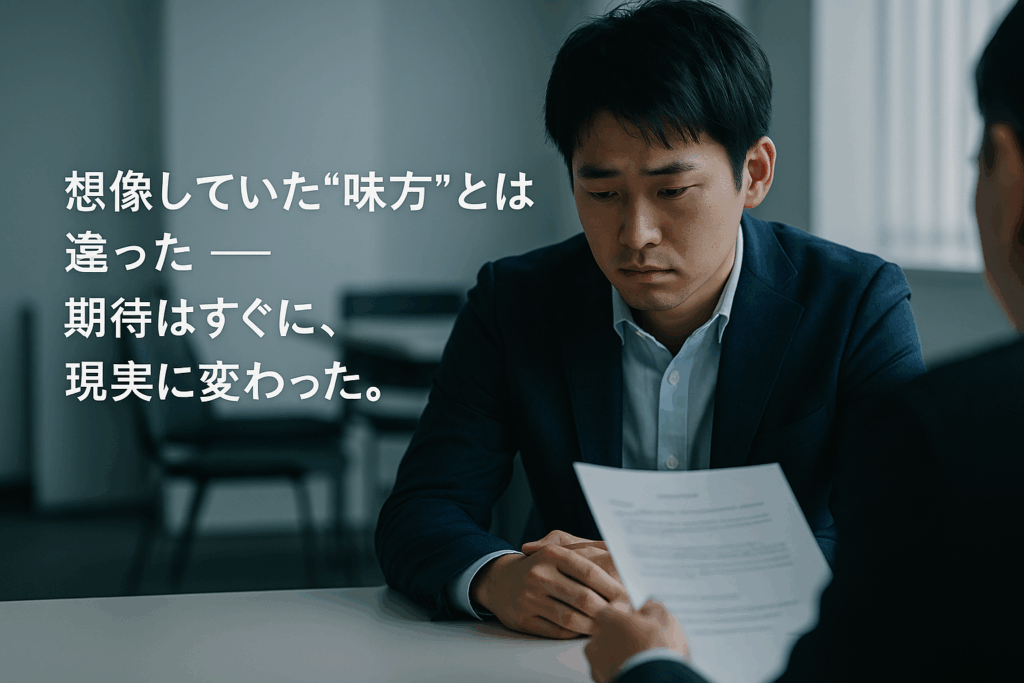 労働基準監督署で相談後、不安げな表情で書類を見つめる若い日本人男性