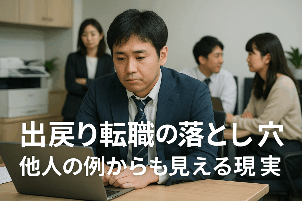 出戻り転職で周囲から距離を置かれ気まずい表情をする日本人男性の写真