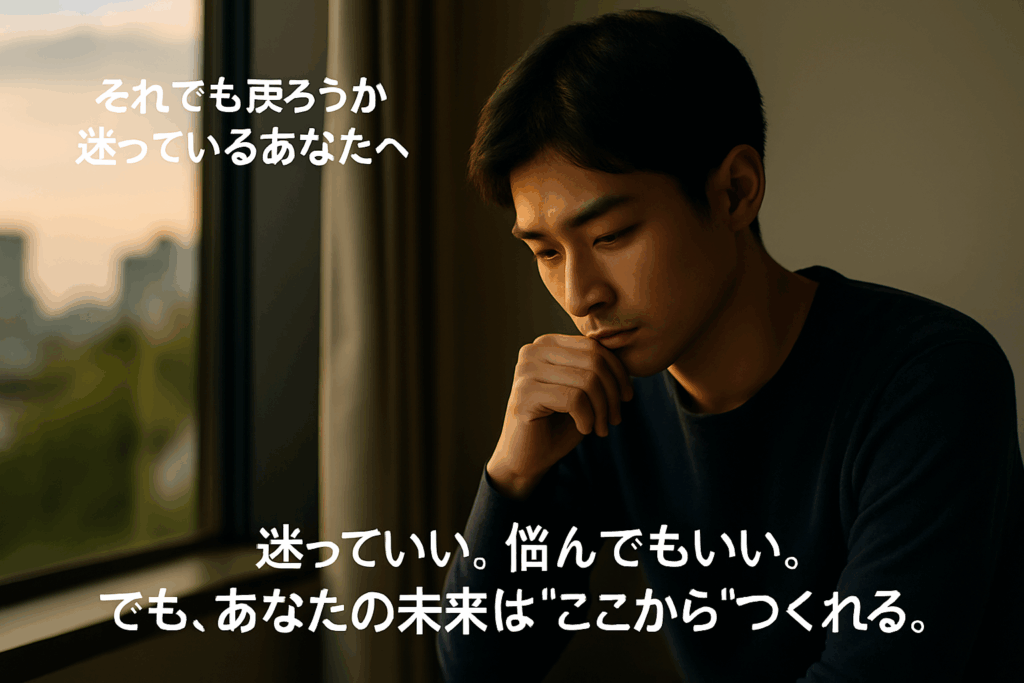 「出戻り転職に迷う若い男性が前を見つめ、決意を抱いている様子の写真