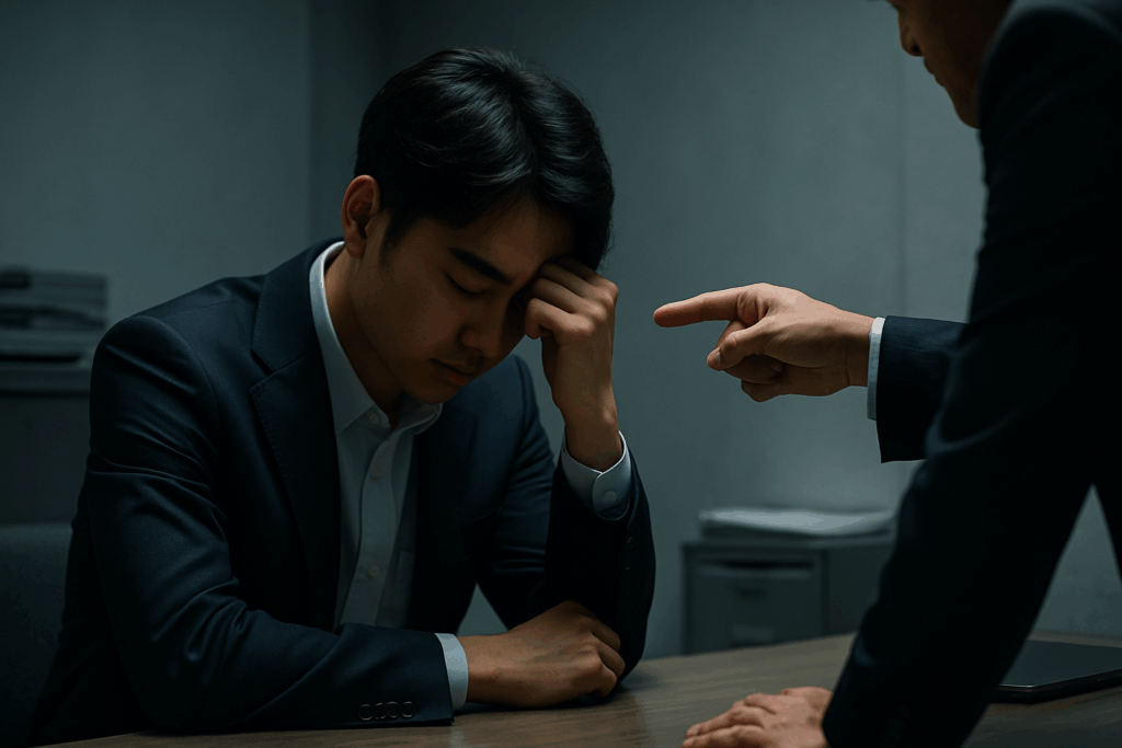 「上司に詰められている若い男性社員の様子。閉鎖的な職場でプレッシャーに耐えているシーン