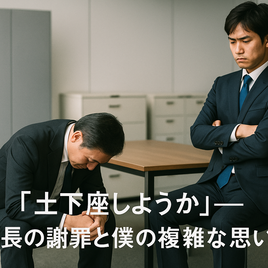 土下座して謝る社長と、それを無表情で見つめる若い男性社員の写真